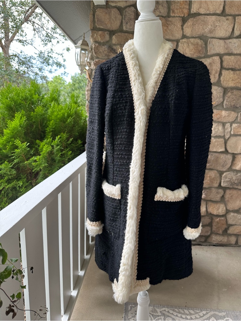Black Coatigan with Cream real LePen rabbit fur Trim with matching skirt